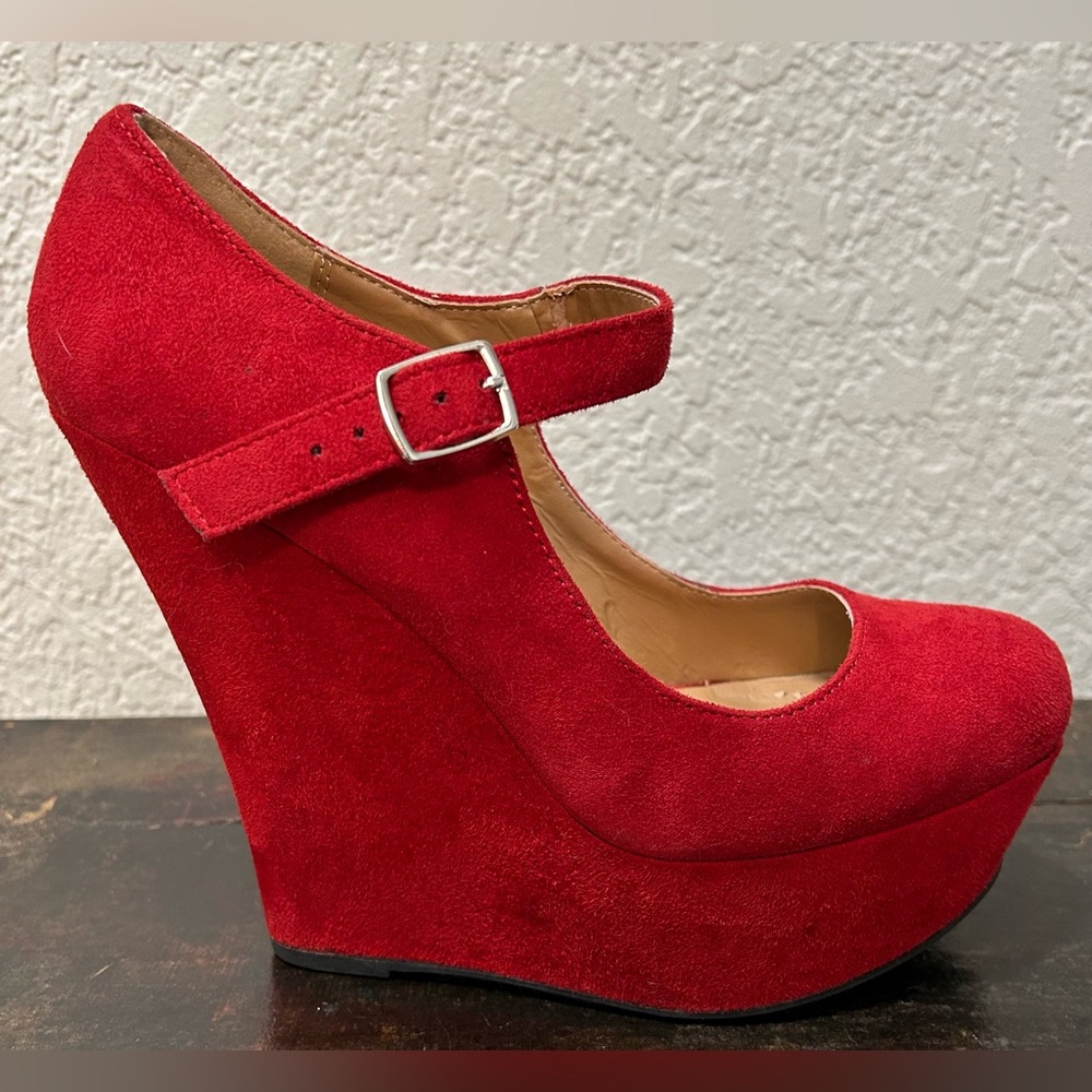 👠 Sexy, Cherry Red, Suede, High-Wedged Heels 👠
